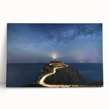 Stretched canvas wall art featuring a serene lighthouse landscape design, with vibrant colors and intricate details, perfect for coastal-themed decor.