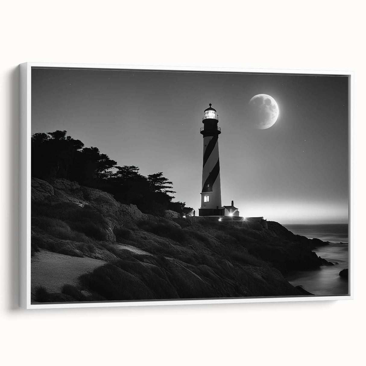 Framed canvas wall art featuring a serene coastal landscape with a lighthouse, showcasing vibrant colors and intricate details, perfect for home decor.