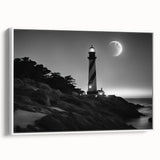 Framed canvas wall art featuring a serene coastal landscape with a lighthouse, showcasing vibrant colors and intricate details, perfect for home decor.