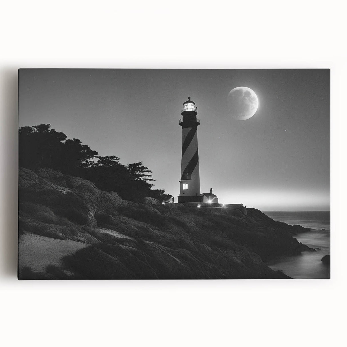 Stretched canvas wall art featuring a vibrant lighthouse design set against a serene coastal landscape, perfect for enhancing home decor with nautical themes.