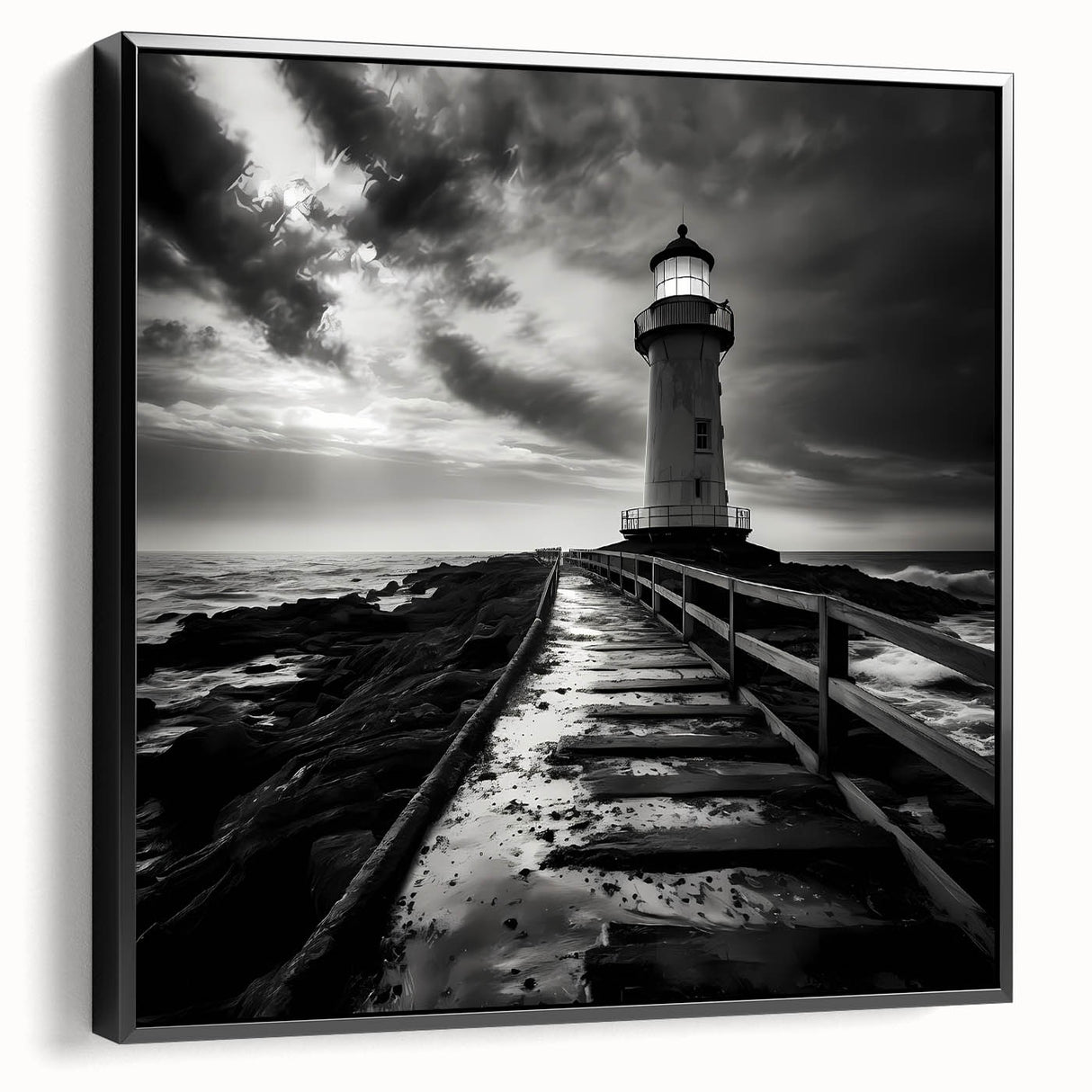Framed canvas wall art featuring a serene lighthouse design with a scenic landscape, displayed from a side view against a black background, perfect for coastal decor.