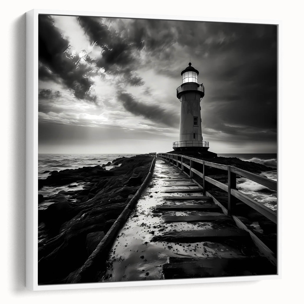 Framed canvas wall art showcasing a serene lighthouse design, highlighted by gentle waves and a clear blue sky, perfect for coastal home decor enthusiasts.