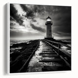 Framed canvas wall art showcasing a serene lighthouse design, highlighted by gentle waves and a clear blue sky, perfect for coastal home decor enthusiasts.