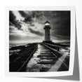 Vibrant rolled print of a coastal lighthouse scene, showcasing a striking sunset sky in shades of orange and pink, perfect for enhancing any home decor.
