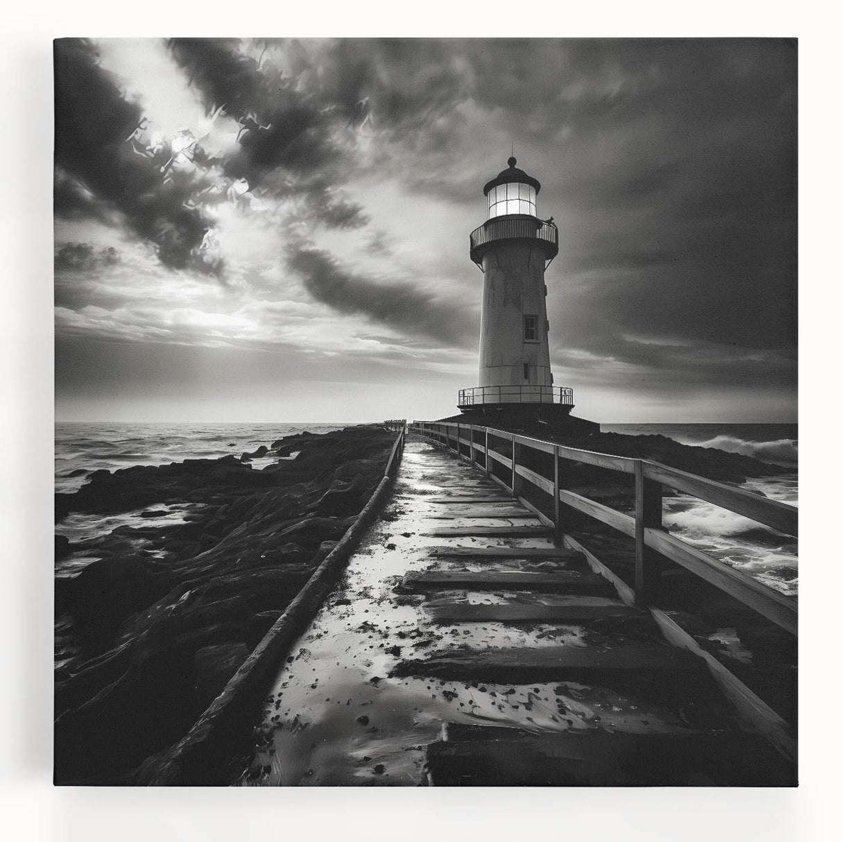 Stretched canvas wall art showcasing a vibrant lighthouse landscape design with rich colors, ideal for coastal-themed decor, enhancing any living space.