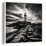 Framed canvas wall art showcasing a coastal lighthouse design, featuring soft white and blue hues, ideal for beach-themed home decor.