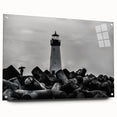 Acrylic glass wall art showcasing a vibrant lighthouse landscape design, beautifully displayed from a side view and accented with colorful pins for a dynamic touch. Ideal for coastal-themed decor or nautical enthusiasts.