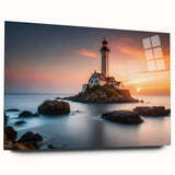 Acrylic glass wall art featuring a scenic lighthouse design from the Landscapes collection, showcasing vibrant colors and a sleek side view, perfect for coastal decor.