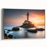 Framed canvas wall art featuring a serene lighthouse design in a coastal landscape, showcasing silver accents and a side view that enhances its elegance. Perfect for nautical-themed decor.