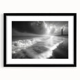 Framed wall art collection showcasing a serene lighthouse landscape design, featuring a black frame and mat. Perfect for coastal-themed decor and enhancing any room's ambiance.