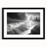 Framed wall art collection showcasing a serene lighthouse landscape design, featuring a black frame and mat. Perfect for coastal-themed decor and enhancing any room's ambiance.