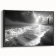 Framed canvas wall art featuring a serene lighthouse landscape design, accented with black framing, ideal for coastal-themed decor and home styling.