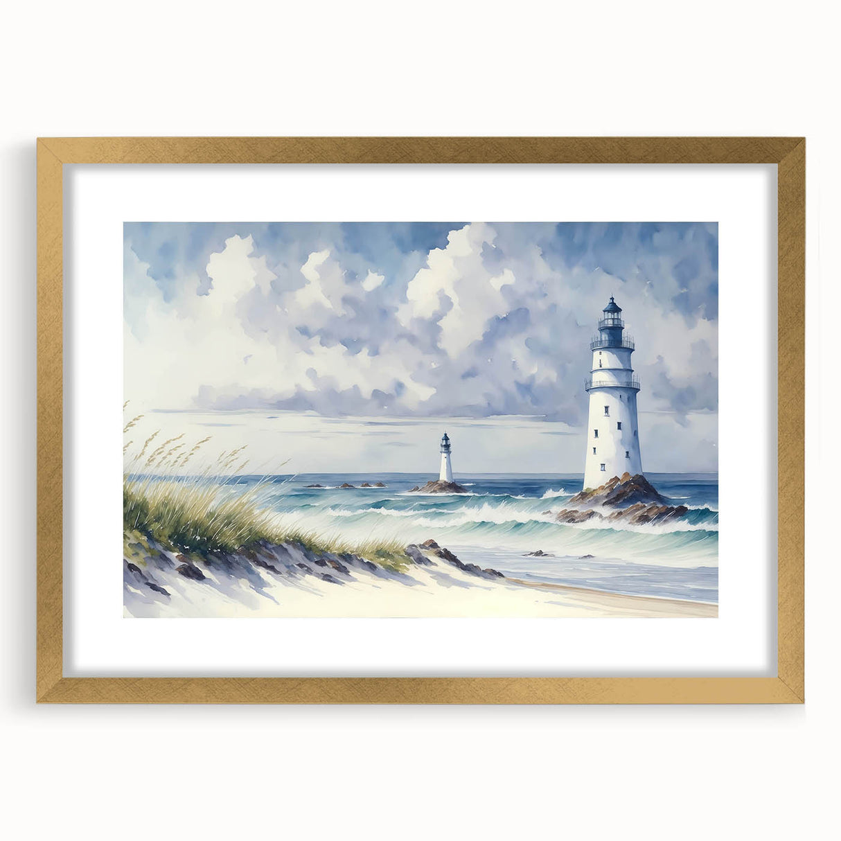 Golden-framed wall art featuring a serene lighthouse landscape design, elegantly matted, perfect for coastal-themed decor. Ideal for enhancing living spaces with nautical charm.