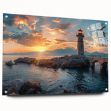 Side view of a modern lighthouse wall art collection, showcasing vibrant colors and intricate designs on acrylic glass, elegantly displayed with pins for hanging.