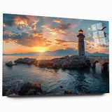 Side view of a modern lighthouse wall art design, displayed on acrylic glass, showcasing vibrant colors and intricate details, perfect for coastal-themed decor.
