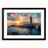 Framed wall art featuring a serene lighthouse landscape design, showcasing vibrant colors and details, set in a sleek black frame with a mat, ideal for coastal-themed decor.