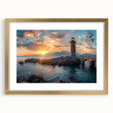 Framed wall art featuring a serene lighthouse landscape design with a gold mat, ideal for coastal-themed decor, showcasing tranquil ocean hues and elegant framing.