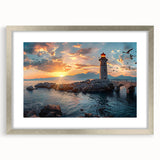 Framed silver wall art showcasing a serene lighthouse landscape design, complete with a mat for added depth, perfect for coastal-themed decor.