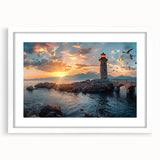 Framed wall art featuring a serene lighthouse design surrounded by vibrant landscapes, with a white mat and frame, perfect for coastal decor enthusiasts.
