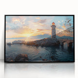 Framed wall art featuring a picturesque lighthouse landscape design, showcasing vibrant colors and intricate details, perfect for coastal-themed decor.