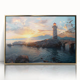 Framed acrylic wall art showcasing a golden lighthouse design with vibrant landscapes, perfect for coastal-themed decor in modern interiors.