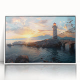 Framed acrylic wall art showcasing a coastal lighthouse design, featuring vibrant colors and a modern white frame, perfect for enhancing any living space.