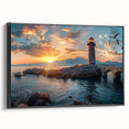 Framed canvas wall art showcasing a picturesque lighthouse design, featuring a vibrant coastal landscape with blue skies and lush greenery, perfect for home decor.