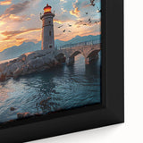 Close-up of a framed canvas wall art featuring a serene lighthouse landscape design with vibrant colors and intricate details, perfect for coastal home decor.