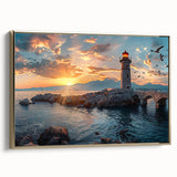 Framed canvas wall art showcasing a coastal lighthouse design with vibrant colors and a golden frame, perfect for enhancing home decor and coastal themes.
