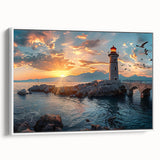 Framed canvas wall art showcasing a serene lighthouse landscape design, featuring vibrant colors and detailed textures, perfect for coastal decor enthusiasts.