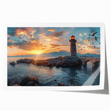 Vibrant rolled print of a lighthouse design in a coastal landscape, showcasing dynamic colors and intricate details, ideal for home decor enhancements.