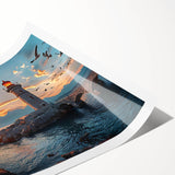 Rolled print of a coastal landscape featuring a lighthouse, with vibrant colors and soft waves, ideal for home decor or coastal-themed spaces.