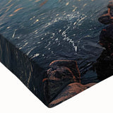 Close-up of a stretched canvas wall art piece showcasing a serene lighthouse landscape design, highlighting vibrant colors and intricate details, perfect for coastal-themed decor.