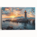Stretched canvas wall art showcasing a serene lighthouse design against a vibrant sunset, perfect for coastal-themed decor. Ideal for adding warmth and tranquility to any room.