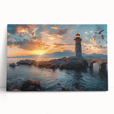 Stretched canvas wall art featuring a serene lighthouse design against a sunset backdrop, perfect for coastal-themed decor, enhancing living spaces with tranquility.