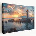 Stretched canvas wall art showcasing a serene lighthouse landscape design, featuring vibrant colors and a tranquil ocean view, perfect for coastal home decor.