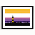 Black-framed wall art featuring a serene lighthouse landscape design, showcasing vibrant colors and intricate details, perfect for coastal decor enthusiasts.