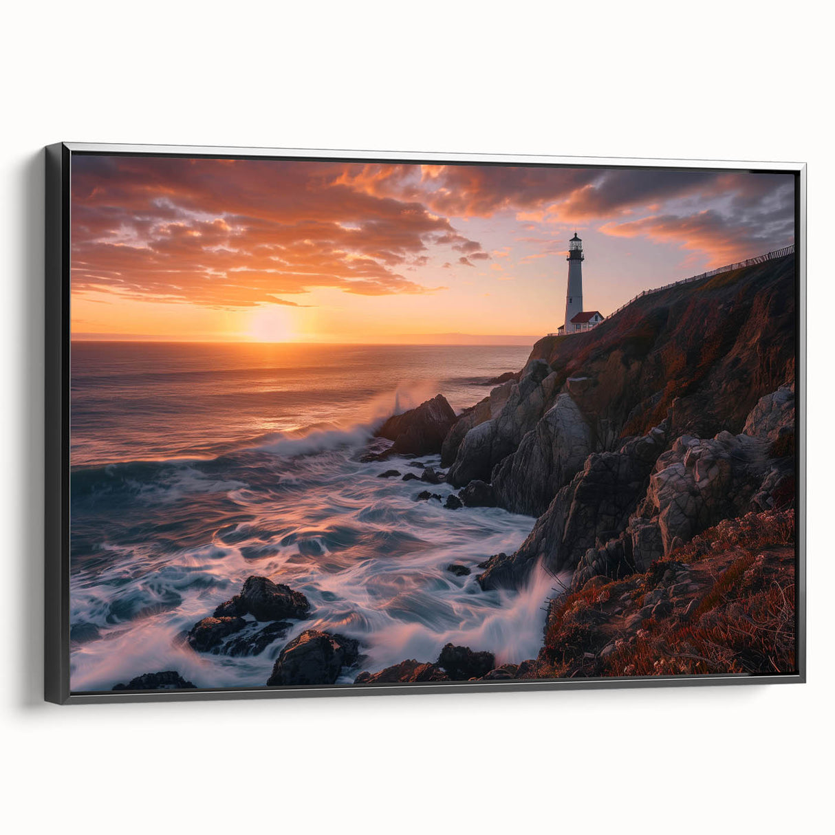 Framed canvas wall art featuring a scenic lighthouse design in a landscape setting, with a black frame emphasizing the vibrant colors and details of the artwork. Ideal for coastal-themed decor.