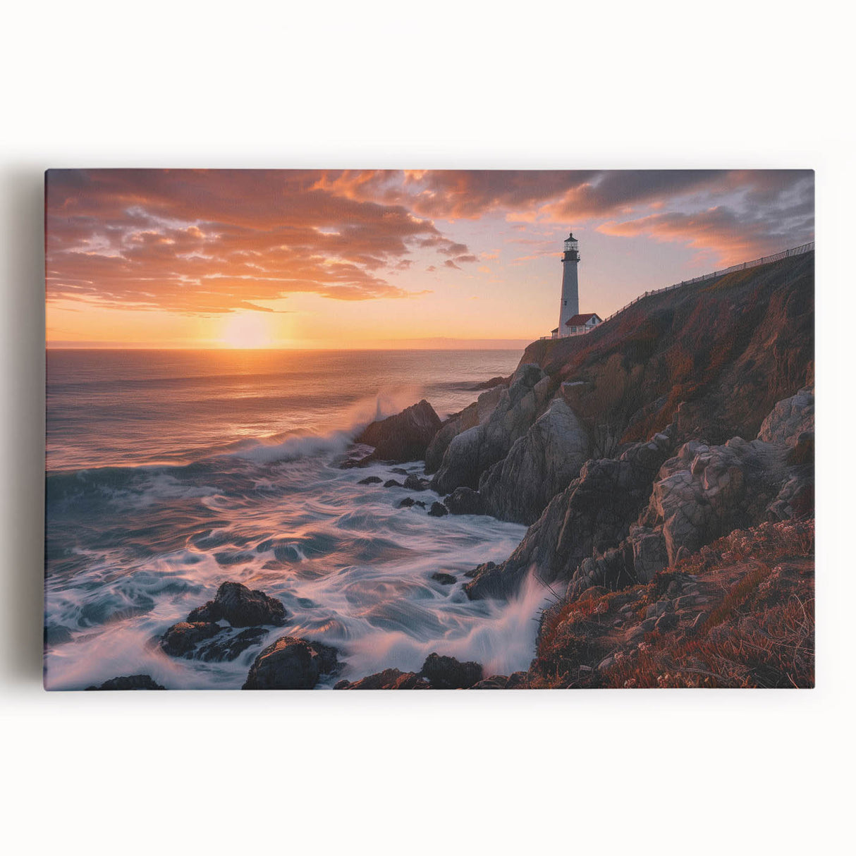 Stretched canvas wall art featuring a serene lighthouse design, with vibrant colors and intricate details, perfect for coastal-themed decor. Ideal for enhancing living spaces.