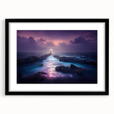 Framed wall art featuring a serene lighthouse landscape design, presented in a sleek black frame with a mat. Perfect for coastal-themed decor.