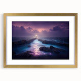 Framed wall art featuring a coastal lighthouse design, set in a gold frame with a white mat, ideal for enhancing nautical-themed decor and home aesthetics.