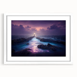 Framed wall art featuring a serene lighthouse design set against a vibrant landscape, with a white mat and frame, perfect for coastal decor enthusiasts.