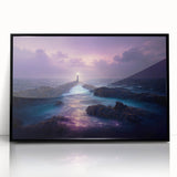 Framed wall art showcasing a serene lighthouse landscape design with vibrant colors, set in a sleek black frame, perfect for coastal-themed decor.