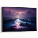 Framed canvas wall art depicting a serene lighthouse landscape at sunset, featuring vibrant hues of orange and blue, perfect for coastal-themed decor.