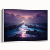 Framed canvas wall art showcasing a serene lighthouse design against a vibrant seascape, ideal for coastal-themed decor. The piece features a white frame, enhancing its modern aesthetic while adding a touch of tranquility to any space.