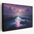 Stretched canvas artwork depicting a serene coastal landscape with a lighthouse, vibrant colors, and intricate details, perfect for home decor.