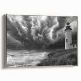 Framed wall art featuring a silver lighthouse design against a serene landscape, showcasing rich colors and intricate details, perfect for coastal-themed decor.