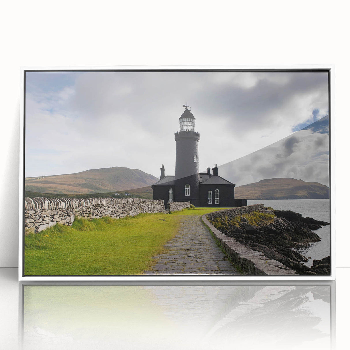 Framed acrylic wall art featuring a serene lighthouse design with a vibrant sunset background, perfect for coastal decor. Ideal for enhancing living spaces.
