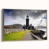 Framed wall art featuring a coastal lighthouse design with a gold frame, showcasing vibrant colors and intricate details, perfect for enhancing home decor.