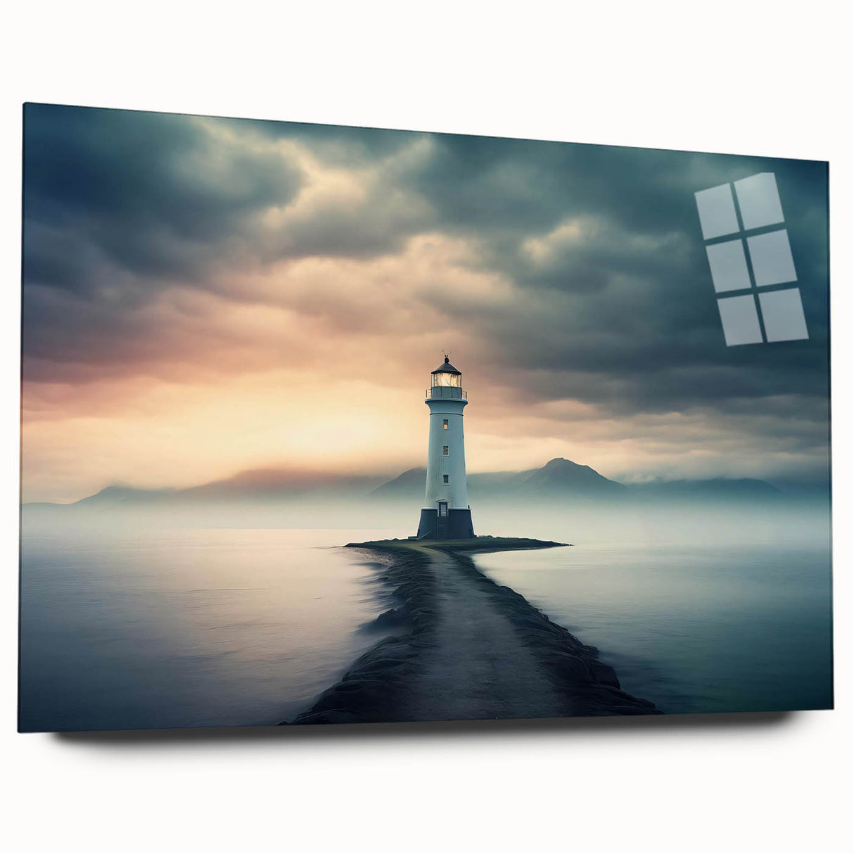 Acrylic glass wall art featuring a serene landscape design with a lighthouse, showcasing vibrant colors and intricate details. The artwork is displayed in a side view, emphasizing its elegant frame and modern aesthetic, perfect for coastal decor enthusiasts.